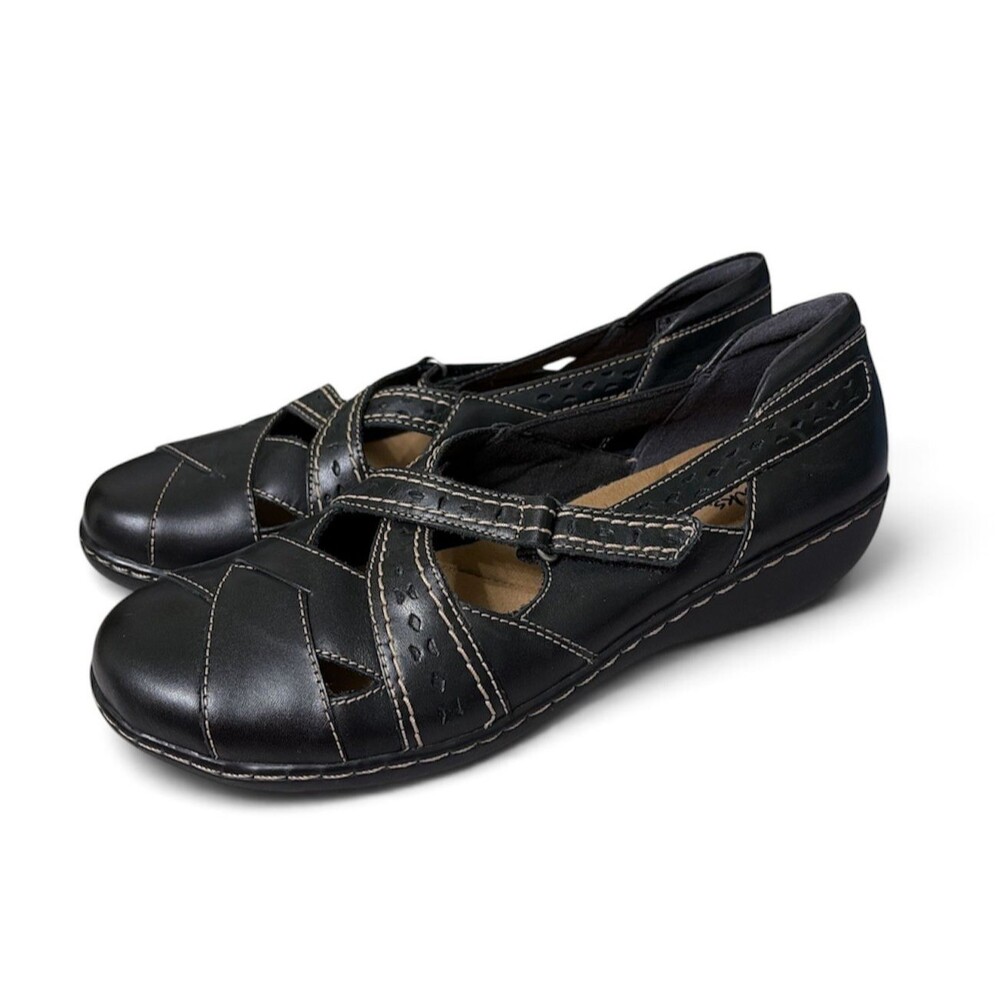 Clarks Collection Ashland Spin Q Black Leather Shoes OrthoLite Footbed Womens 11